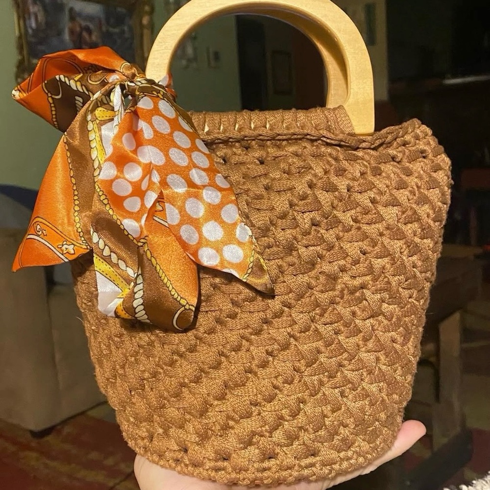 Elegant Tan Woven Tote with Wooden Handles
